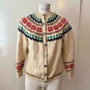 SOLD - Vintage 60s 70s Fair Isle Cardigan Sweater Wool Silver Buttons Cream